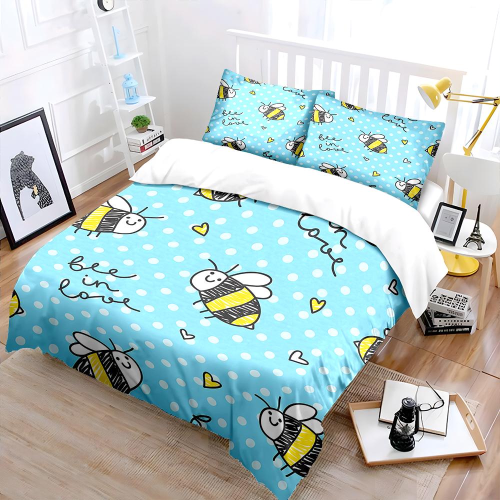 Cute Hand-drawn Bees with Hearts Pattern Bedding Set 1 Duvet Cover 2 Pillowcases for Adult and Children Luxury Gift Full Size