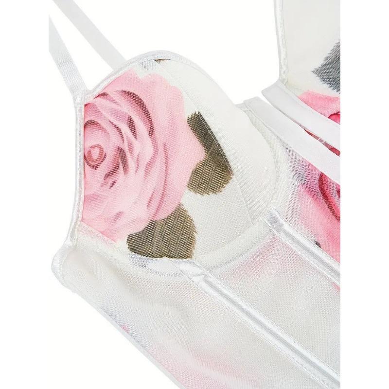 Mesh Rose Print Front Hook Corset Top Spaghetti Strap Bustier Crop Top for Women