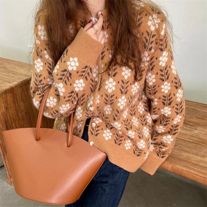 Vintage Jacquard Knitted Cardigan Women's Thick Warm Coat Long Sleeved Single Breasted Knitwear Casual Loose  Gentle Sweet Commuting Top Autumn Winter
