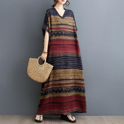Plus Size Cotton Linen Maxi Dress for Women Loose V-Neck Short Sleeve Long Dress Summer Boho Beach Sundress