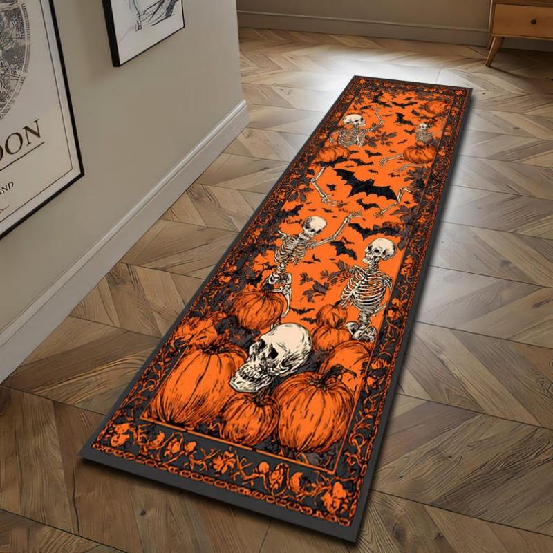 Vintage Orange Halloween Long Runner Mat Skeleton Pumpkin Bat Print Non Slip Washable Farmhouse Kitchen Hallway Decor Rug