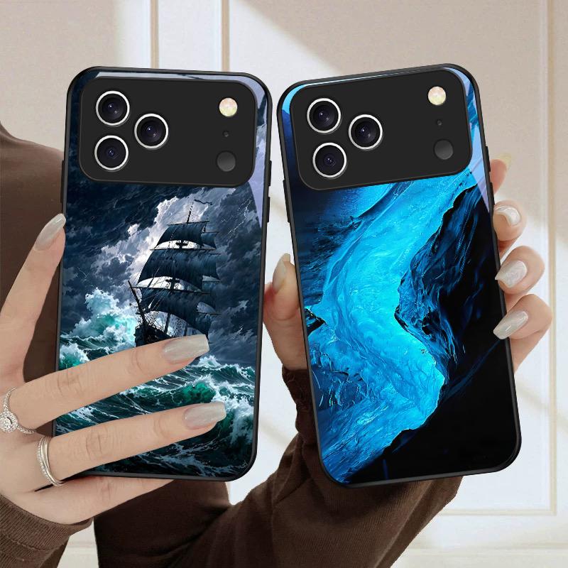 Sea storm small sailboat For iPhone 17 Pro Max 16 E 15 Plus 14 Pro 13 12mini 11 Air XS Max 5 6 7 8Plus SE Black Glass Phone Case