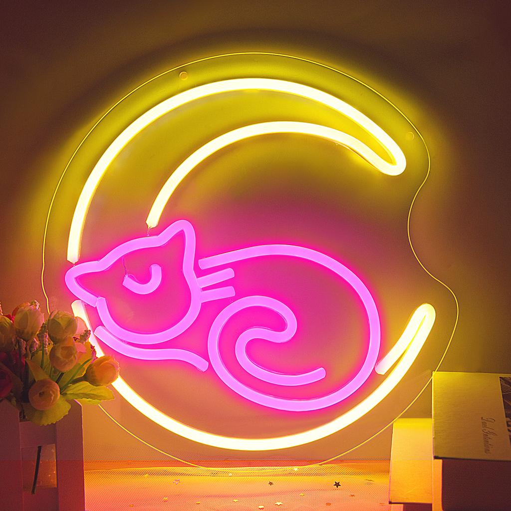Moon Cat Neon Signs Dimmable Cartoon Cat Moon Light Art Wall Decorative Lights for Girl's Room Birthday Gifts Yollow Pink