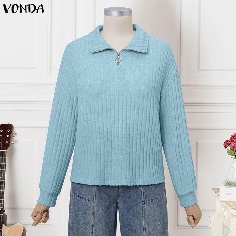 

VONDA Women Casual Zip-up Neck Long Sleeve Plain Thin Rib Blouse 5XL синий