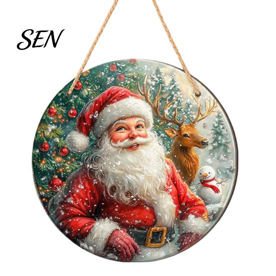 Festive Front Door Signs 2D Christmas Wooden Hanger Ornaments, Santa Snowman Reindeer Welcome Wall Xmas Hanging Decor Sign, Rustic Farmhouse