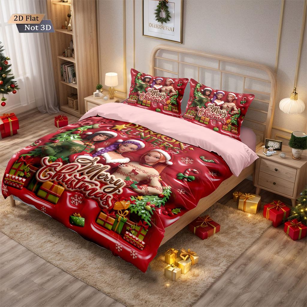 3pcs Christmas imitation relief K-Pop Demon Hunters printed coreless down comforter set multi size bedroom bedding decoration