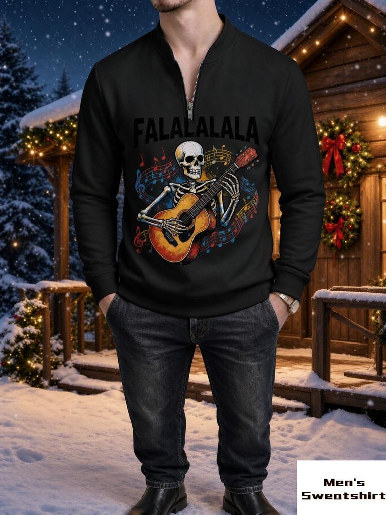 Men's skeleton guitar print long sleeved hoodie autumn men's clothing hoodie trendy and versatile style