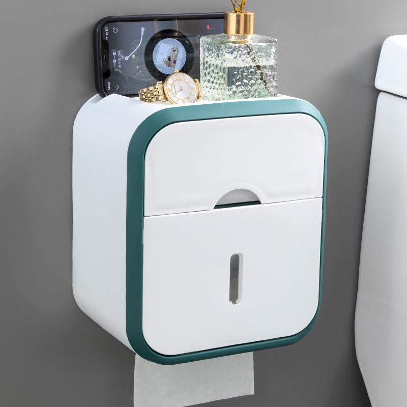 Wall-Mounted Waterproof Toilet Paper Holder & Storage Rack, Punch-Free Installation.