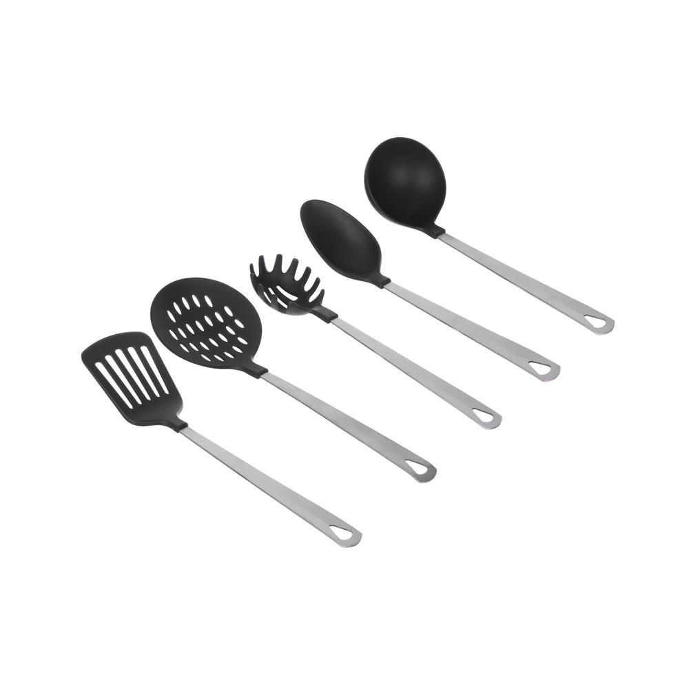Stainless Steel Nylon 5 Piece Kitchen Utensil Set Cooking Spoon Ladle Skimmer Turner Pasta Server Ergonomic Dishwasher Safe