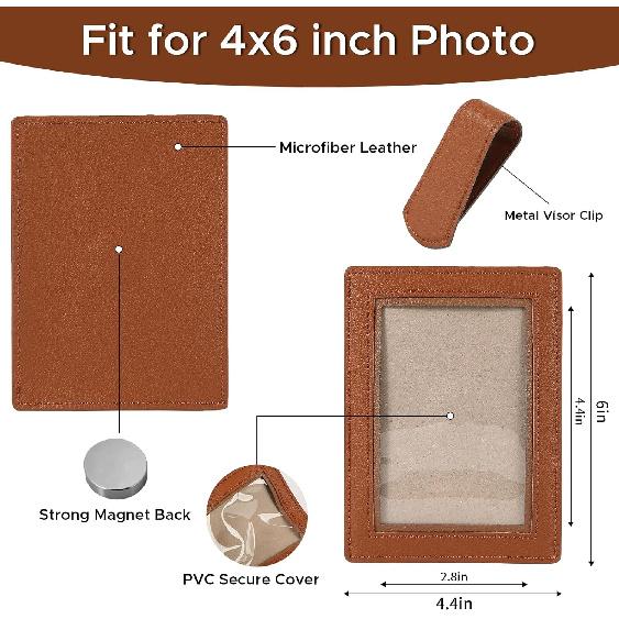 2 PCS Personalized Car Visor Picture Frame 4x6, Leather Car Photo Holder with Detachable Visor Clip, Magnetic Picture Frame for Refrigerator, Decor