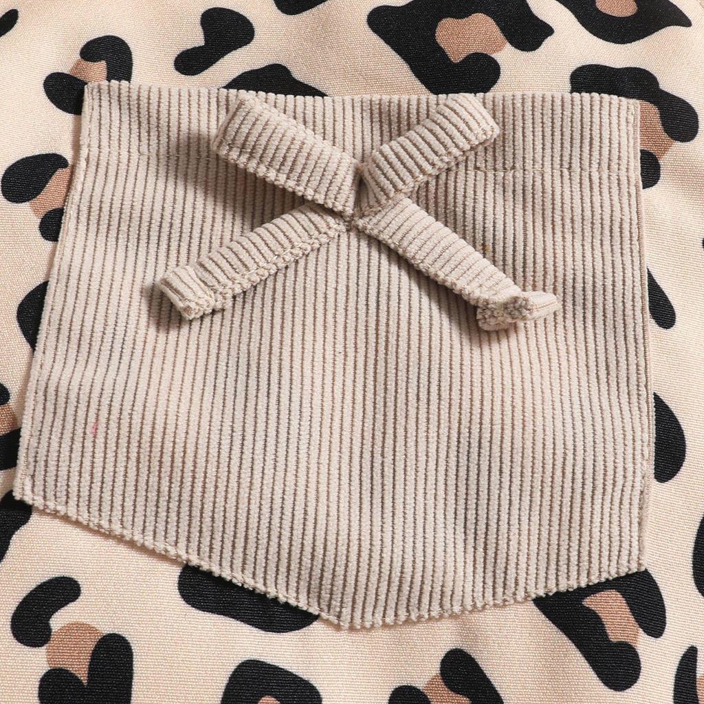 Euro-American Baby Long-Sleeve Set: Letter Bowknot Bodysuit, Leopard Bib Overalls, and Headband