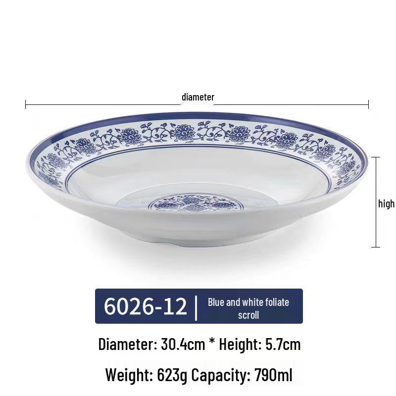 Modrobílý hluboký talíř z melaminu ve stylu porcelánu pro ryby, polévky a komerční použití