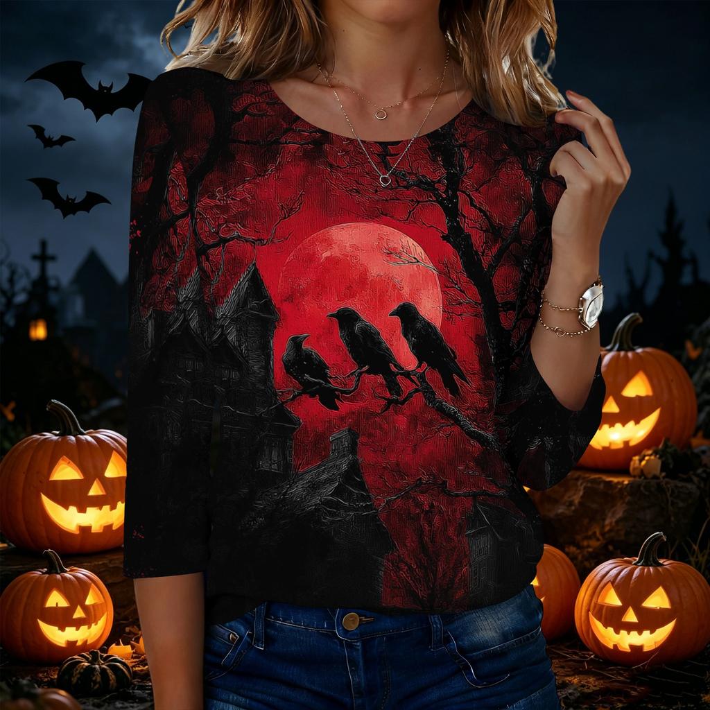 Women’s Casual Halloween Print Crew Neck Three Quarter Sleeve Tee Shirt Top with and Pumpkin Design for Autumn