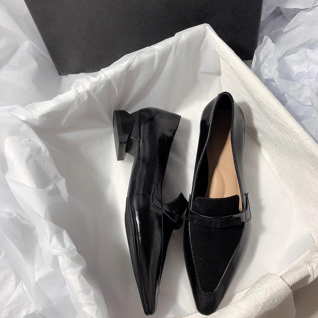 French Full Leather Pointed Single Shoes Women's Spring 2025 New Thick Heel Small Leather Shoes Bow Splicing Loafers