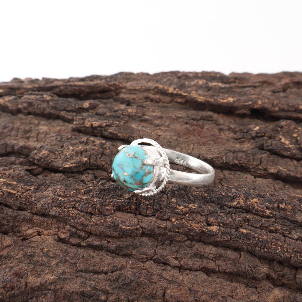 Handgefertigter Edelsteinring aus blauem Kupfer-Türkis, 925 Sterlingsilberring, zierlicher Silberschmuck, als Verlobungsgeschenk