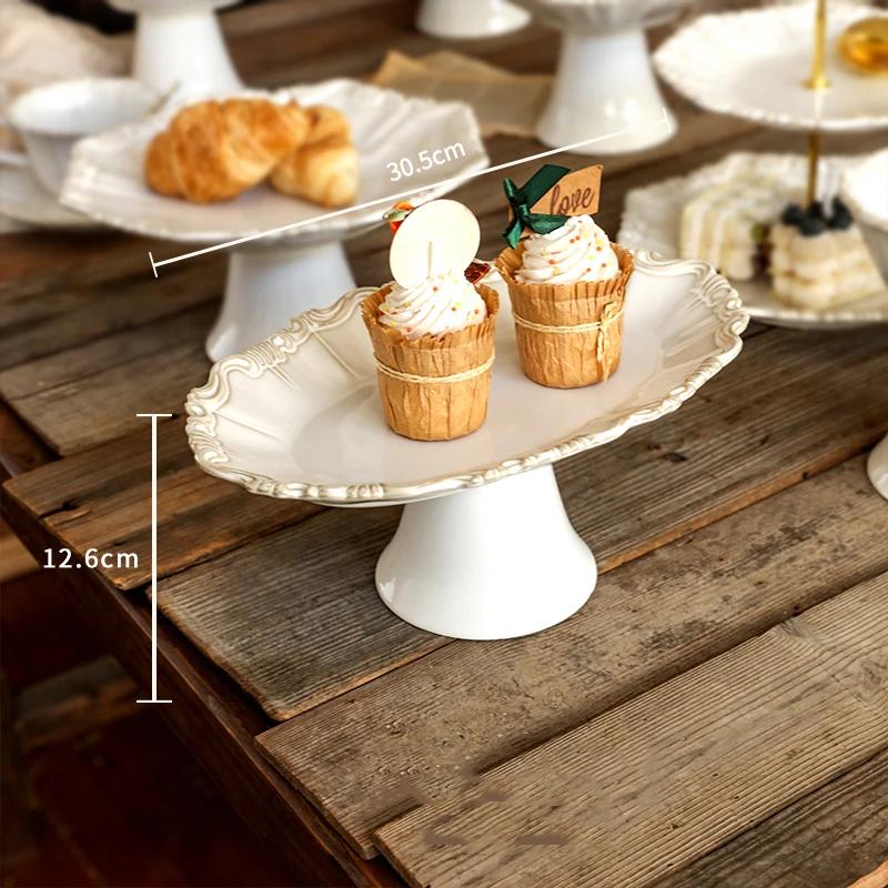 Light Luxury Relief Ceramic Tray Afternoon Tea Dessert Fruit Multi Layer High Footed Dining Plate Exquisite Household Tableware