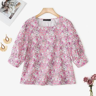 Women Square Collar Summer Casual 3/4 Sleeve Floral Blouse