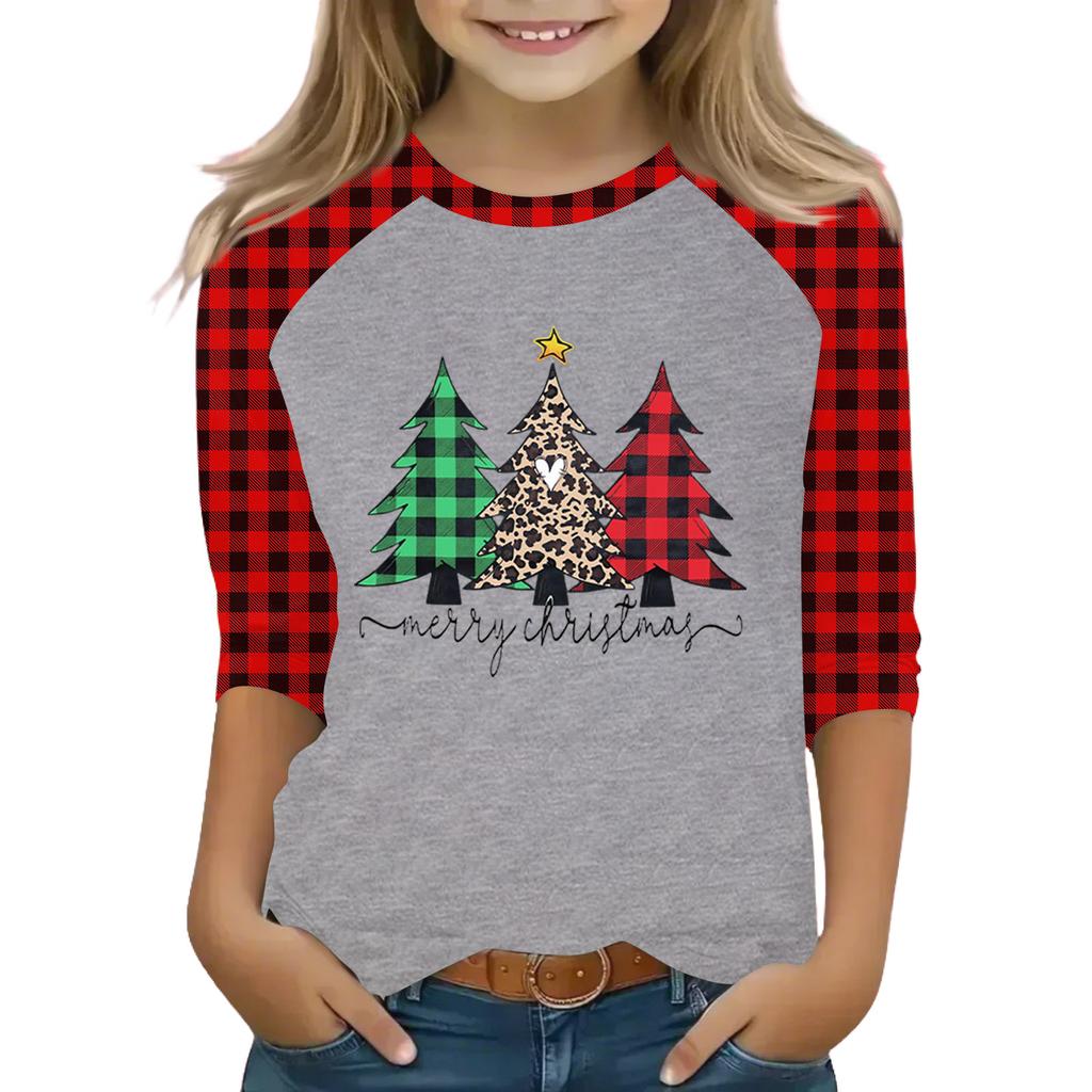 Tops For Youth Girls 4-16 Years Round Neck 3/4 Sleeves T-Shirts Trendy Tops Outfit Tees Christmas Day
