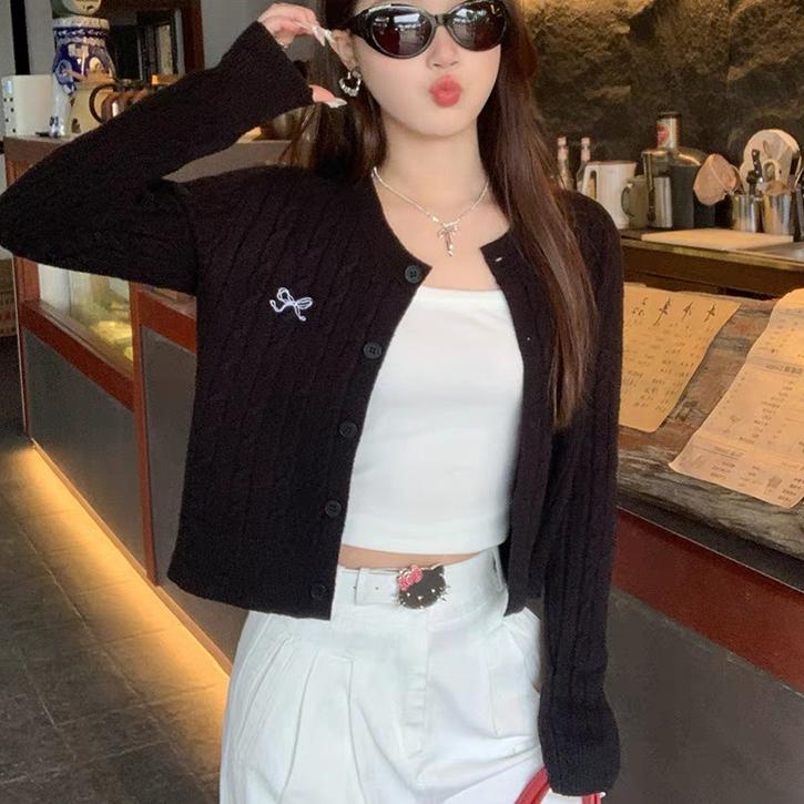 

Преппи стиль Кардиганы Свитер весна осень тонкий короткий Кардиган Женский О-образный вырез Однотонный Однобортный серый Кардиган Женские Свитера One Size