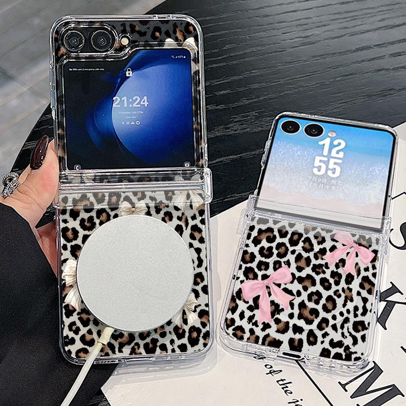 Bowknots Leopard Print Case For Samsung Z Flip 8 7 FE 6 5 Magnetic Clear Hard PC Folding Phone Cover For Galaxy Z Flip8 Flip7 Flip6