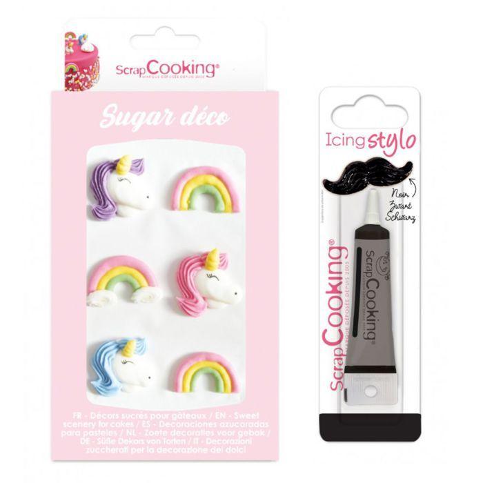 6 Unicorn and Rainbow Sweet Decorations + Black Icing Pen