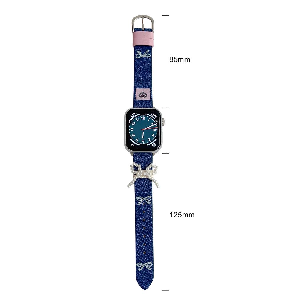 Wrist Strap for Apple Watch Series 10 Ultra 9 8 7 SE 6 5 4 3 2 1 46mm 49mm 45mm 44mm 42mm Pearl Bowknot Denim Leather Watch Band