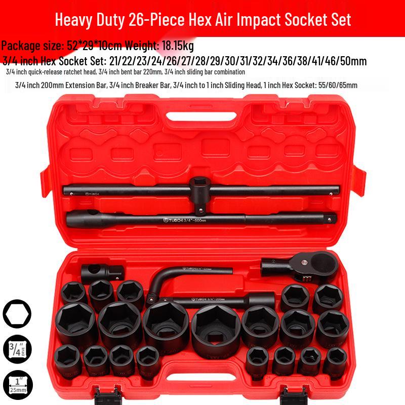 Heavy Duty 26-Piece Socket Set with 1-Inch Air Impact Wrench and 21-65mm Hex Sockets