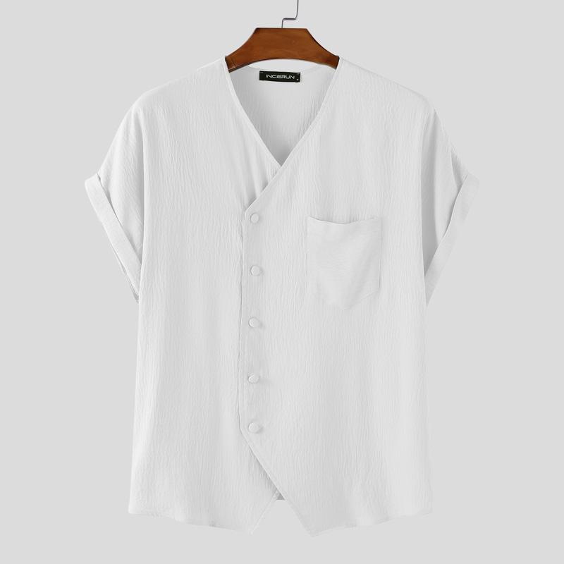 

INCERUN Men V Neck Short Sleeve Button Down Splits Casual Shirts XL белый