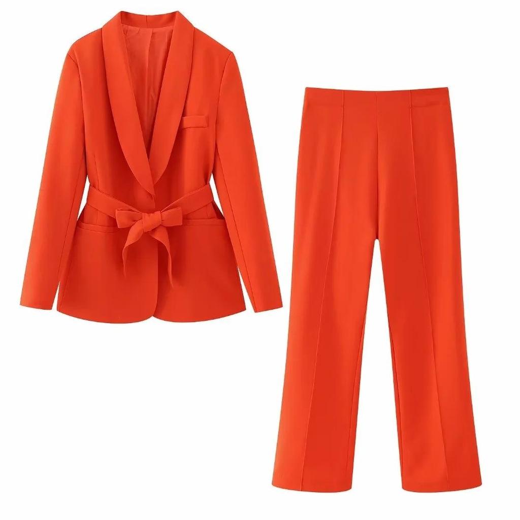 Büro Dame Weiß Blazer Anzüge Frauen Langarm V-ausschnitt Schärpen Blazer Hohe Taille Breite Bein Lange