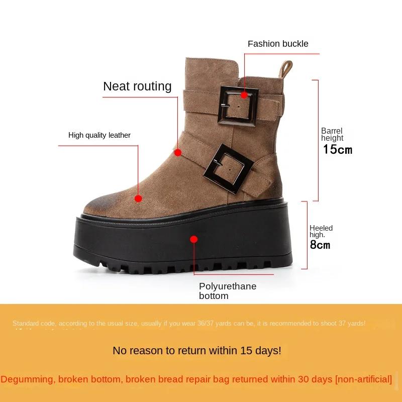 8cm Vollrindveloursleder Echtes Leder Knöchel für Damen Motorrad Punk Stiefeletten Schuhe Plateau Keilabsatz Frühling Damen Stiefel