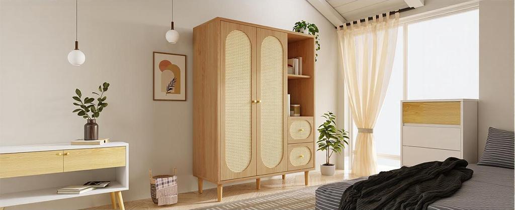 Wardrobe country house style oak 161x120x48 cm wood, 2 doors, 2 drawers, open shelves, with clothes rail, ideal for bedroom and hallway