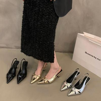 Μόδα Γαλλικό Ταμπεραμέντο Μαύρα Ψηλοτάκουνα Σανδάλια Μυτερά Ασημί Μονόπατα Γυναικεία 2024 Νέα Καλοκαιρινά