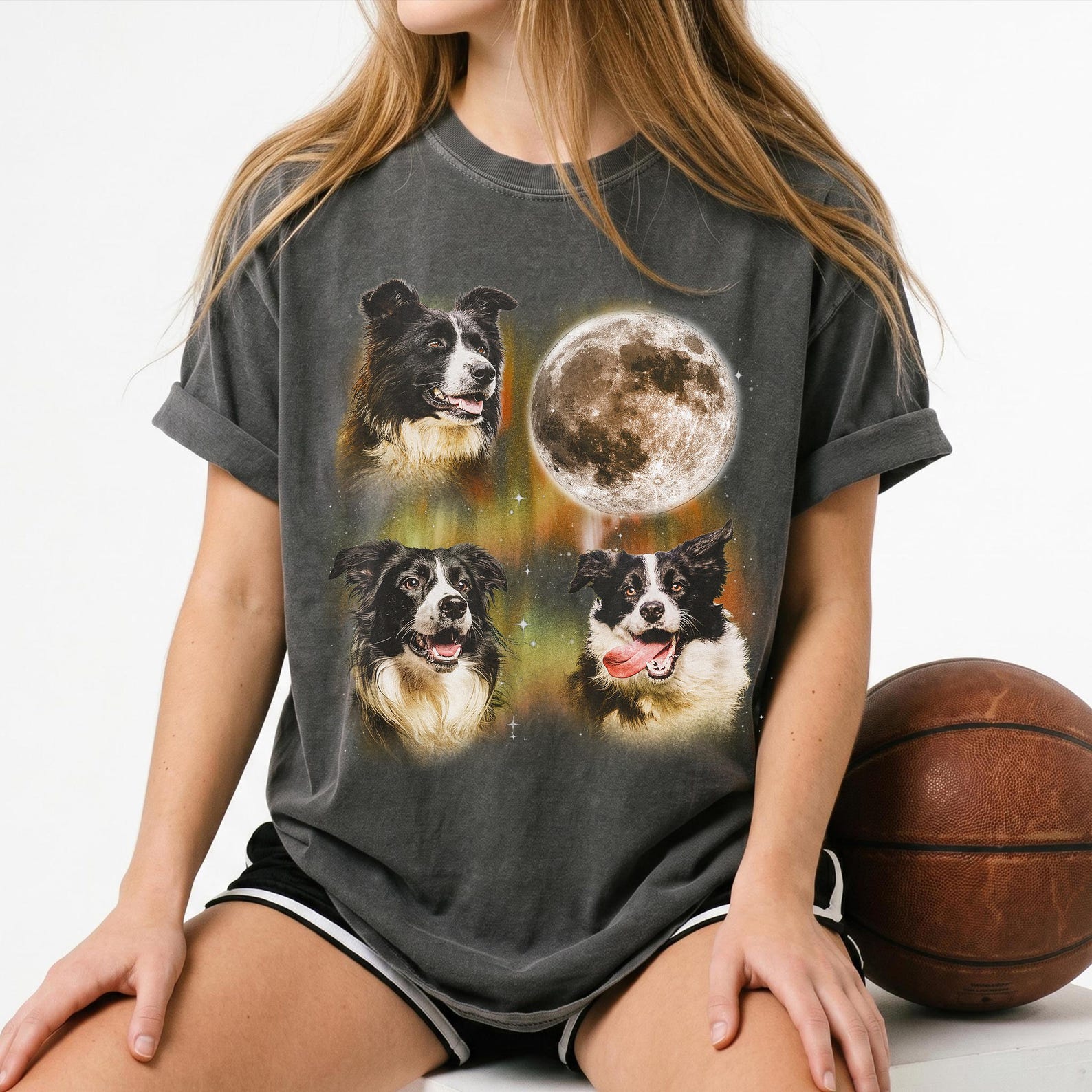 Border Collie Dog Moon Comfort Colors Tee, Vintage 90s Herding Dog Mom Shirt M