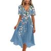 Women’s V Neck Short Sleeve Floral Print Midi Dress with Wrap Waist Tie and Flowing Hem for Casual or Daily Wear