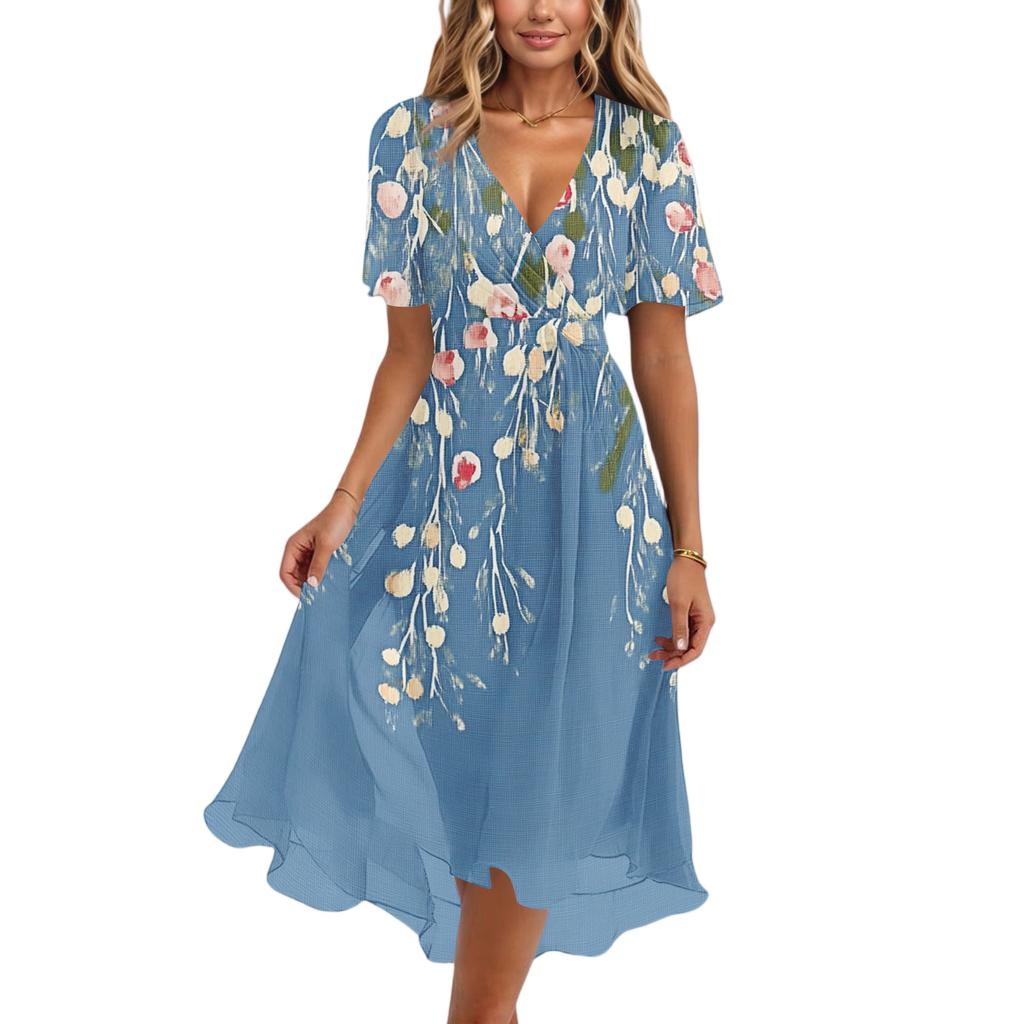 Women’s V Neck Short Sleeve Floral Print Midi Dress with Wrap Waist Tie and Flowing Hem for Casual or Daily Wear