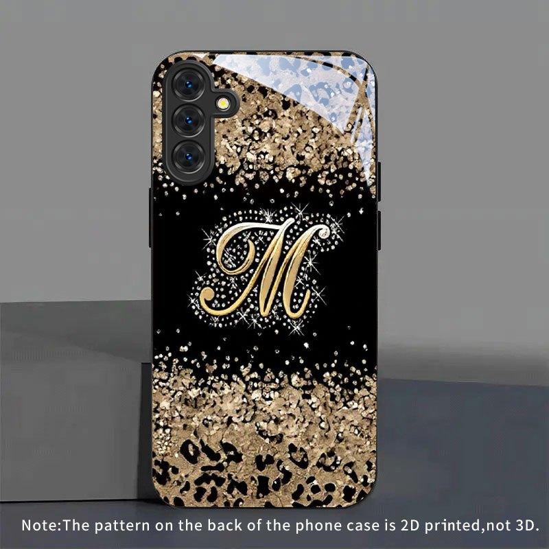 Funkelnde Leopardenmuster-Buchstaben-M-Glas-Handyhülle geeignet für Samsung Galaxy S26 S25 S24 S22 S21 S20 FE Ultra Plus sturzsicher