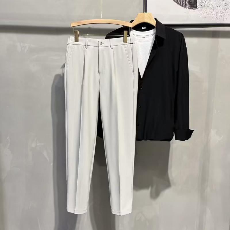 Men's British-Style Straight Slim-Fit Drapey Trousers, Korean Tapered Nine-Point Suit Pants