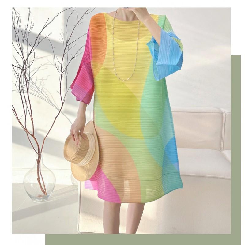 Geometric Print Pleated A-Line Midi Dress With Flared Sleeves Loose Fit
