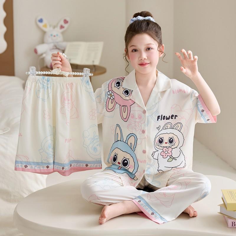 Kids Ice Silk Pajama Set Girls 3-Piece Short Sleeve Long Pants Cartoon Print Soft Breathable Sleepwear Home Outfit