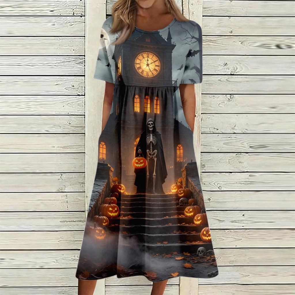 Women's Casual Round Neck Dress with Pockets Halloween Print for Party and Everyday Wear