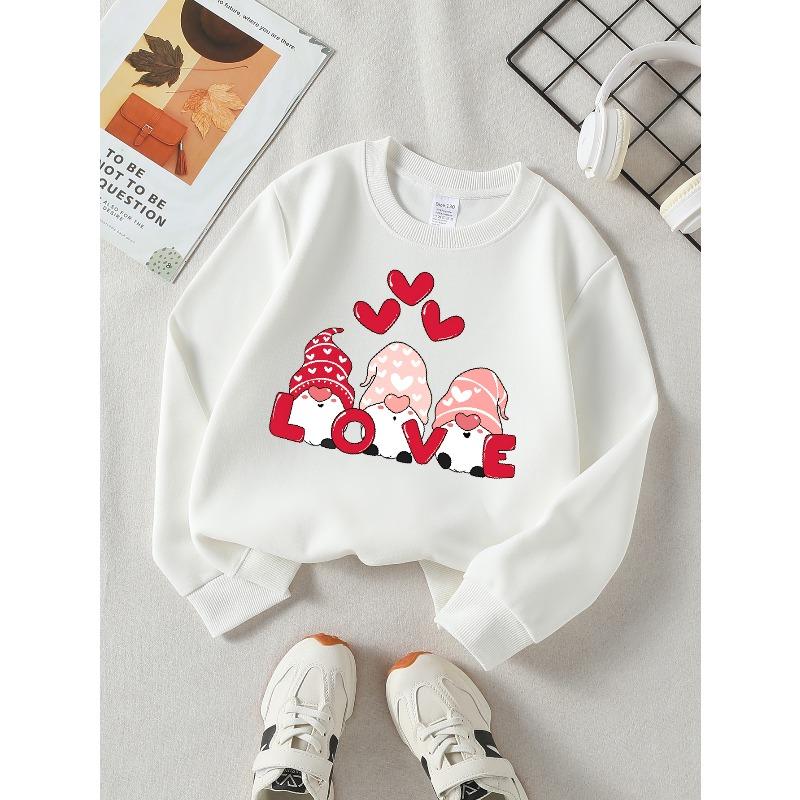 Valentine's Day Fashion Girls' Polyester Long-Sleeve Crewneck SweatshirtLove Gnomes Hearts Valentine Soft, Comfortable, Warm