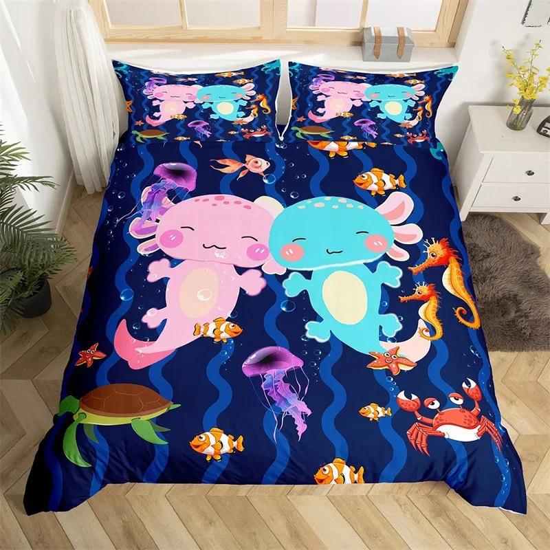 Cartoon Salamander Bedding Set, Maple Leaf Duvet Set, Microfiber Marine Life Three-piece Set.