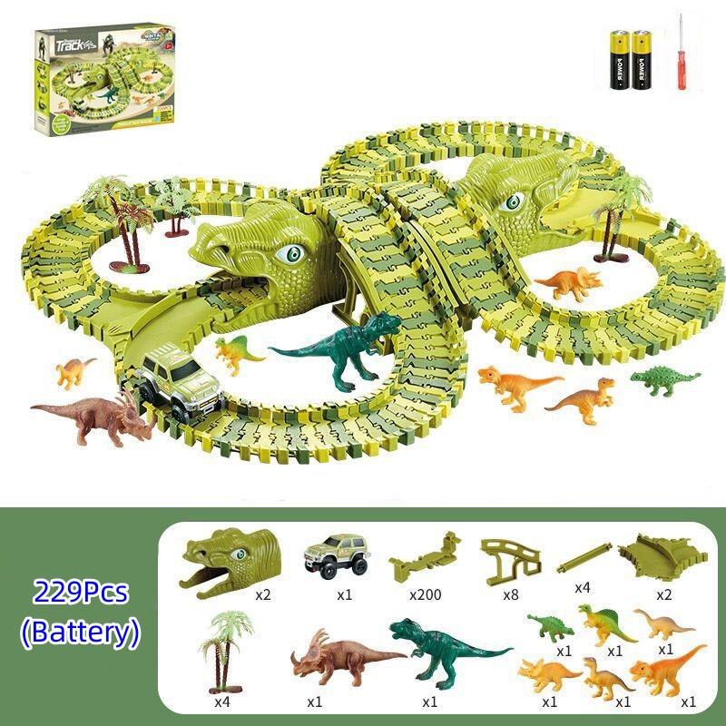 Dinosaur Race Track Set Rail Car Toys Assembly Bend Flex Racing Track Led Electronic Flash Light Car Toys for Children Years Gift
