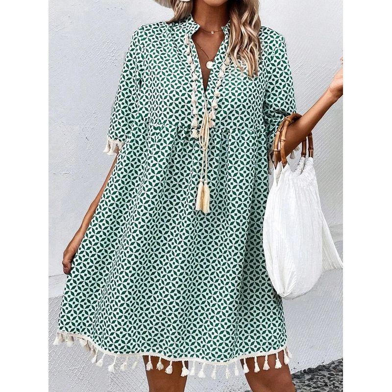 

Tassel Dress2025 European and American Summer New Print V-neck Tassel Bohemian Half Sleeve Dress Green XL