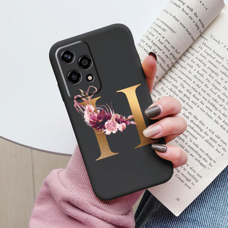 Gold Letter Case For Honor 200 Pro Lite Smart Black Shell Soft Cover For Honor 200Lite Protector Shockproof Funda Pink Flower