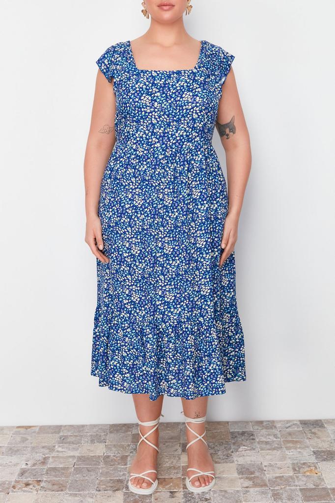Women's Style Plus Size Navy Blue A-Line Midi Ruffled Floral Patterned Woven Dress