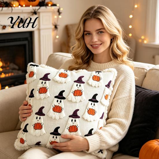 Soft Short Plush Fabric Halloween Ghost Cushion Cover, Throw Pillow Case, 18x18 Inches Pumpkin Holiday Gift for Home Bat Cover Sofa Couch Bed