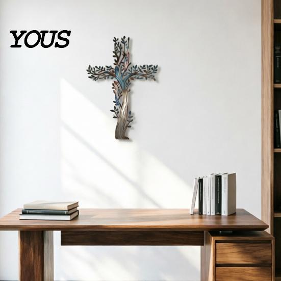 Metal Tree Wall Hanging Cross Art, of Life Crosses Retro Style Art Decor, for Garden Living Room Bedroom Gradient Color