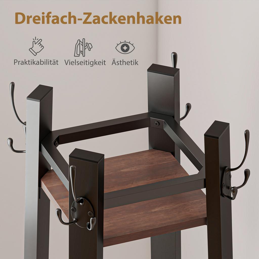 Coat Rack with 4 Levels, Free-Standing Clothes Stand, 8 Hooks, 4 Shelves, Industrial Style, Metal, Chipboard, Brown