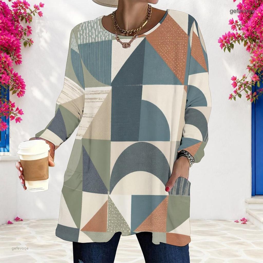 Women Plus Size Round Neck Long Sleeve Floral Plaid Printed Loose T Shirt With Pockets